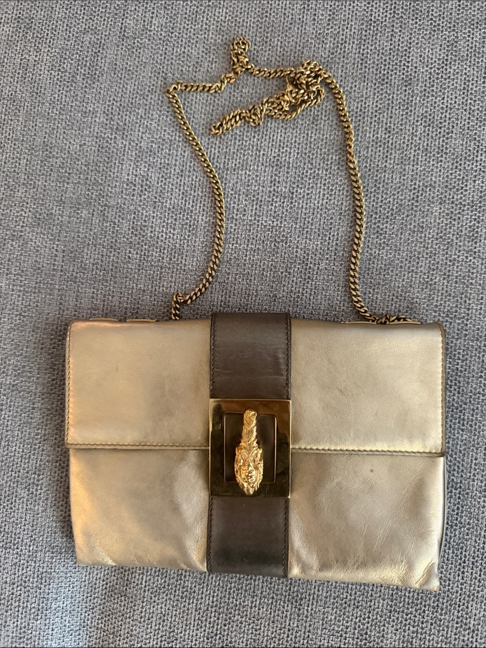 Gucci Metallic Gold Leather Shoulder Bag with Dark Brown Center Strap